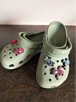 Crocs Classic Clogs in a sage green color decorated with character charms Jr 1