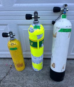 Small scuba tanks:  aluminum & steel, good hydro and vip: $100-$175