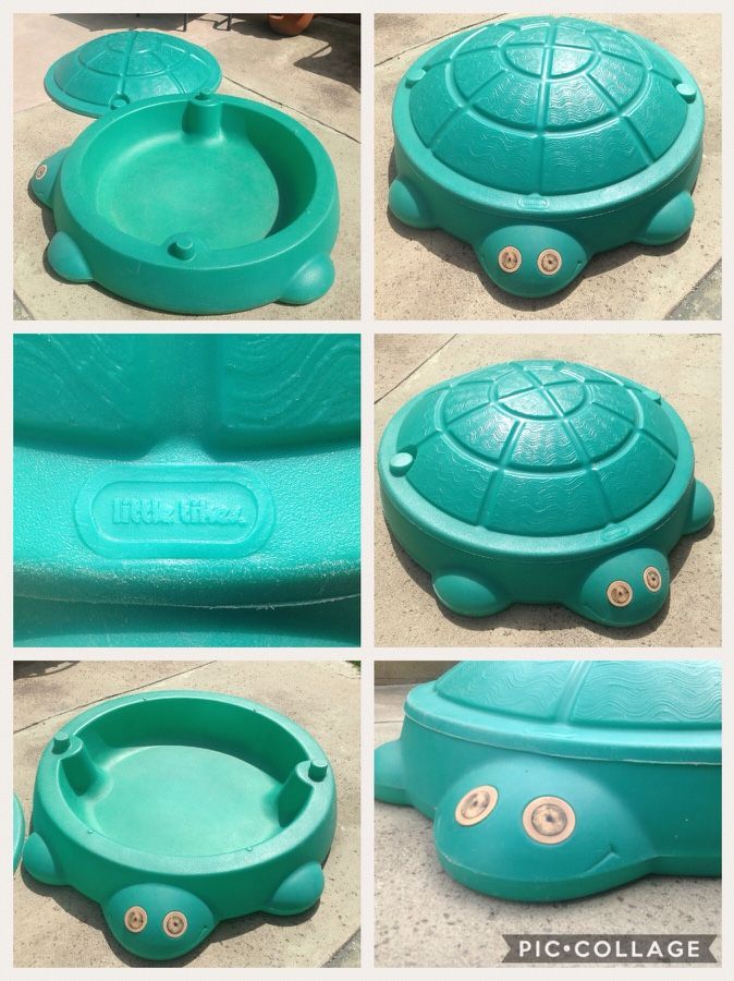 $25 Little Tikes Turtle Sandbox and Tot Mini Swimming Pool. This playful sandbox is designed in the shape of a turtle and adorned with a happy, smili