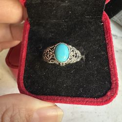 Vintage 925 Sterling Silver , Designer Shube Genuine Oval Turquoise Ring, Size 6 , Hallmarked STERLING w/$ Markers Mark