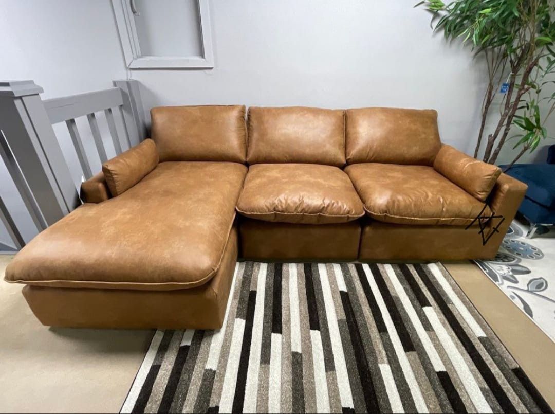 Emilia Caramel 3-Piece Sectional Sofa And Ottoman $10 Down Payment And Financing Available