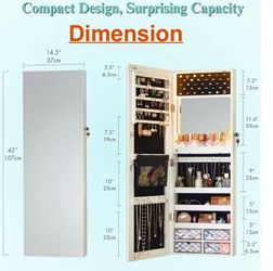 😀 Full Length Mirror with Storage, Jewelry Armoire with Light-Up Interior Mirror, Jewelry Storage Organizer, Lockable, White