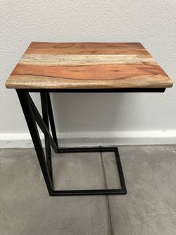 C-Shape Side Table Wood Top Black Metal Base