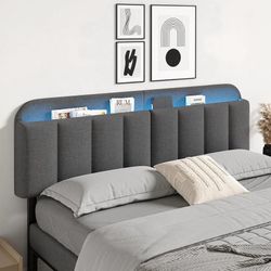 King Headboard Only with LED Light & Storage, Adjustable Headboards for King/California King Size Bed, Upholstered Head Board Linen Fabric, Vertical C