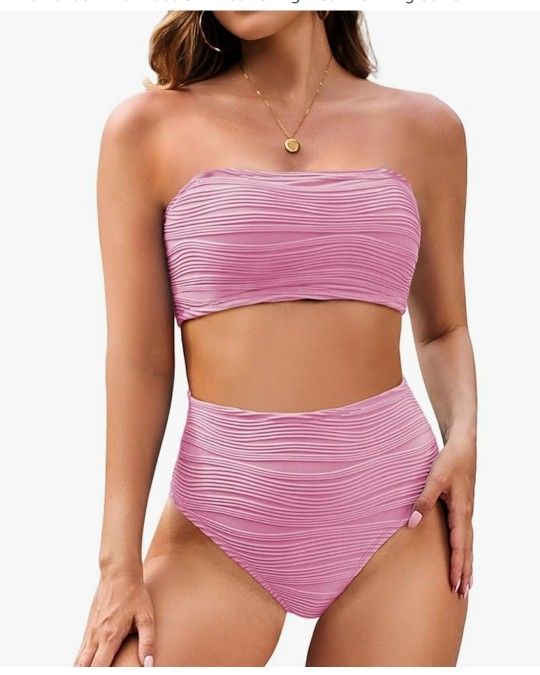 Pink Queen Women Bikini Set 2025 Removable Strap Textured Two Piece Swimsuits High Cut Bathing Suits, LARGE