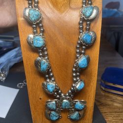Vintage Turquoise and  Silver Squash Blossom Style Necklace - Mexico