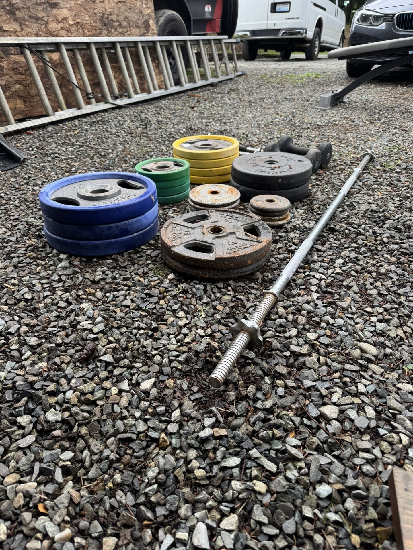 Gym Weight Plates + Barbell + Dumbbells