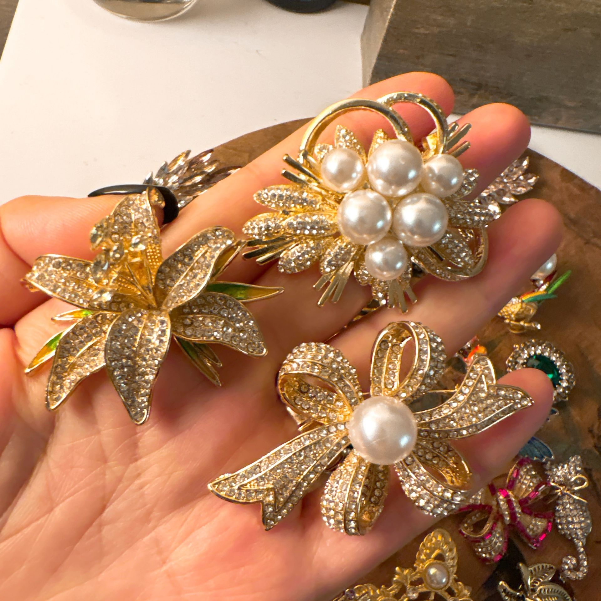 Set of 3 Elegant Gold Crystal & Pearl Brooches β Bow, Lily & Flower Design