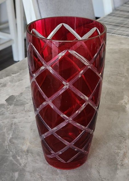 Crystal Cut-To-Clear Ruby Red Floral Vase Diamond Pattern 8.5"