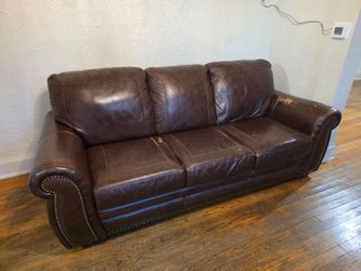 Brown Leather 3-Seat Sofa with Nailhead Trim