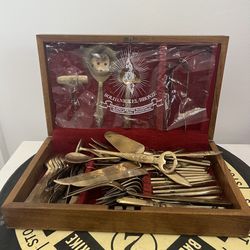 47 Pieces Vintage VU Solid Nickel Bronze Flatware Teak Wood Case