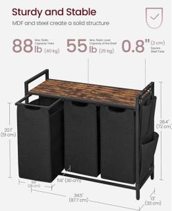 VASAGLE Laundry Hamper Basket w/ 3 Pull-Out Bags Metal Frame - Brown