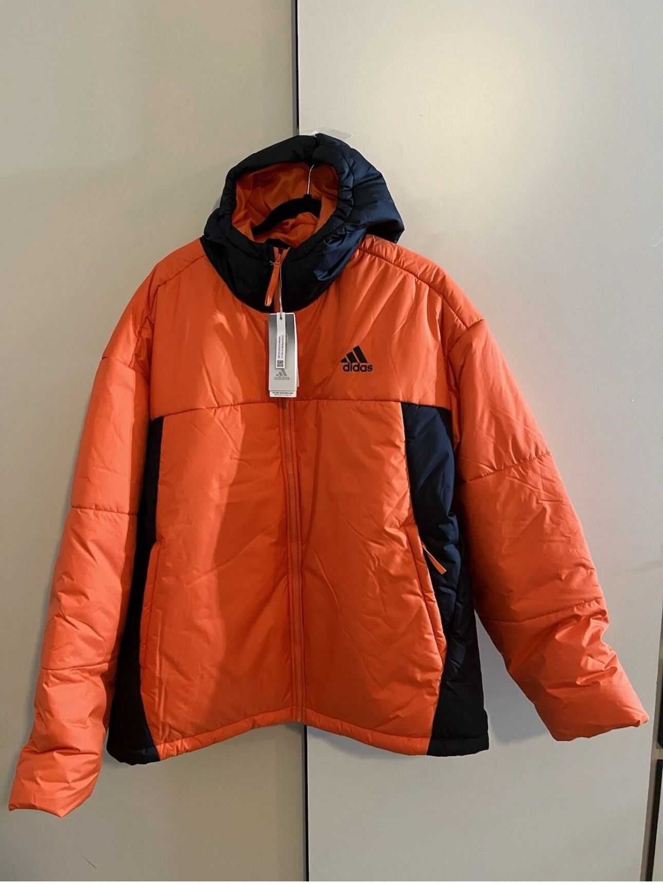 NEW Adidas Mens BSC 3-Stripes Puffy Hooded Jacket Orange Black Men’s XL Jacket