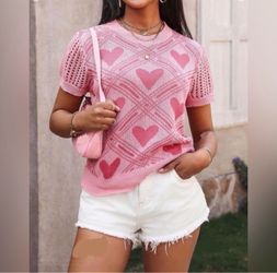 Pink Heart Print Knit Short Sleeve Top