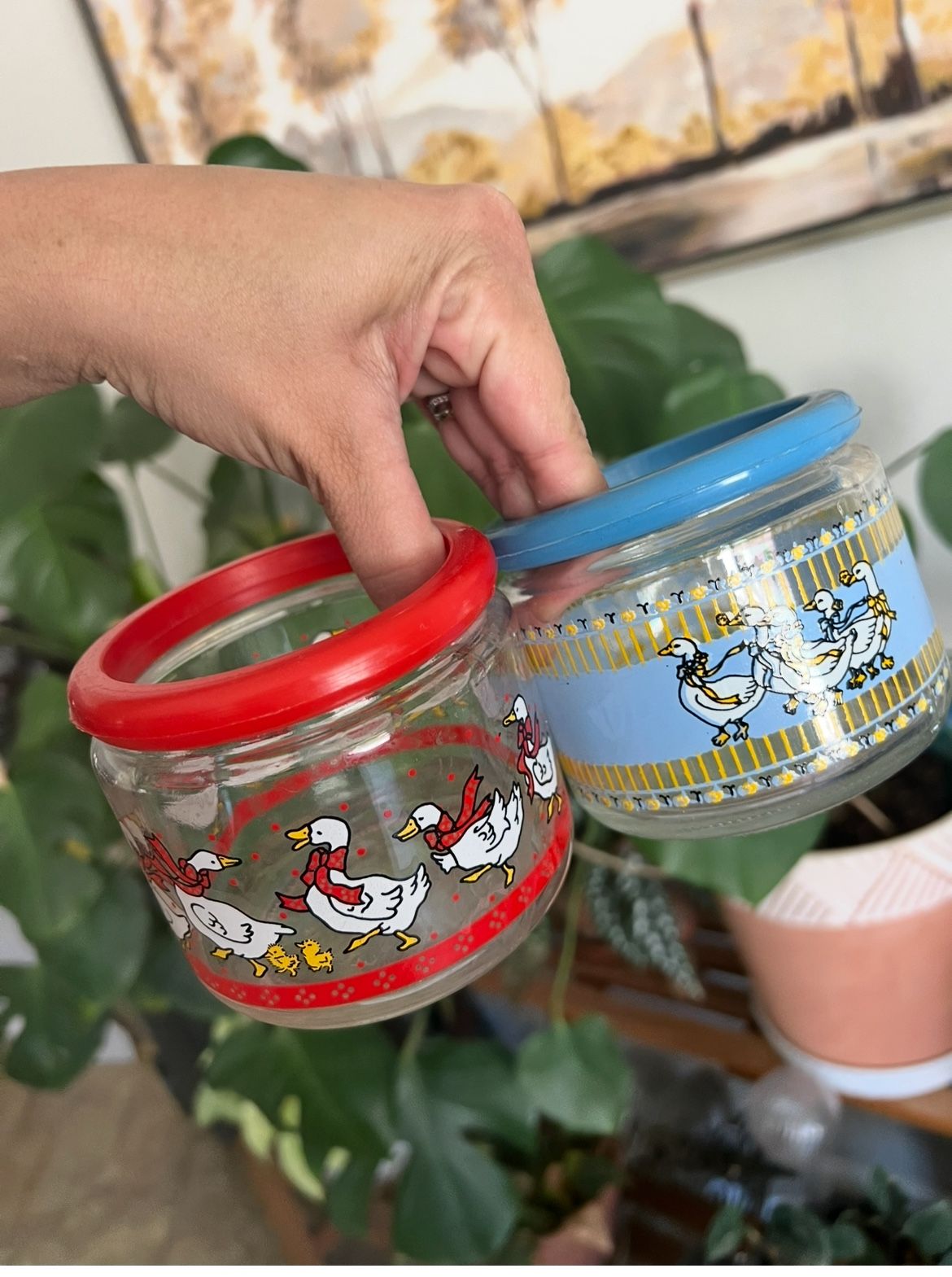 2 Vintage Glass Blue and Red Ribbon Geese Jars Maylasia no lids 