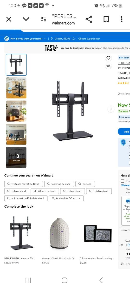 PERLESMITH Universal TV Stand - Table Top TV Stand for 32-60 inch LCD LED TVs - Height Adjustable TV Base Stand with Tempered Glass Base and Wire Mana