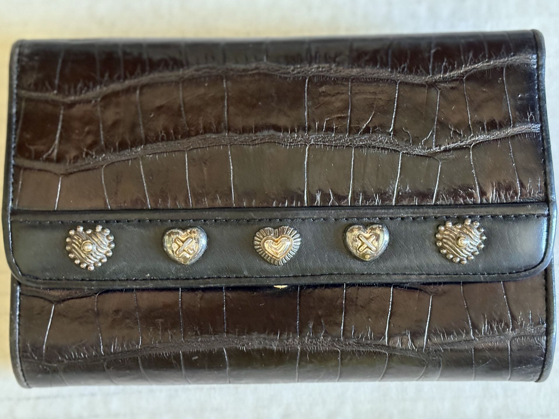 Brighton Wallet Organizer Double Snap Zip Leather Black With Metal Hearts