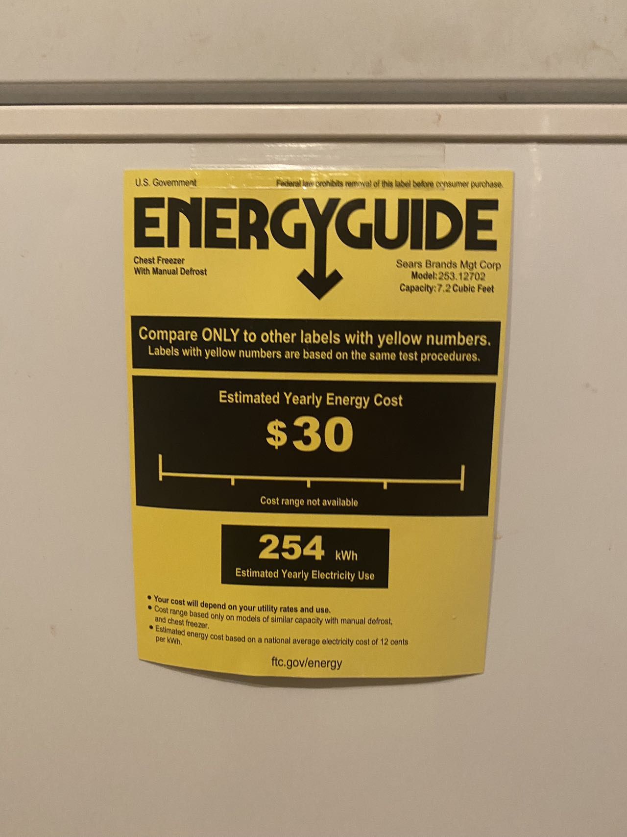 (Free) kenmore 7.2 cubic feet chest freezer with manual defrost