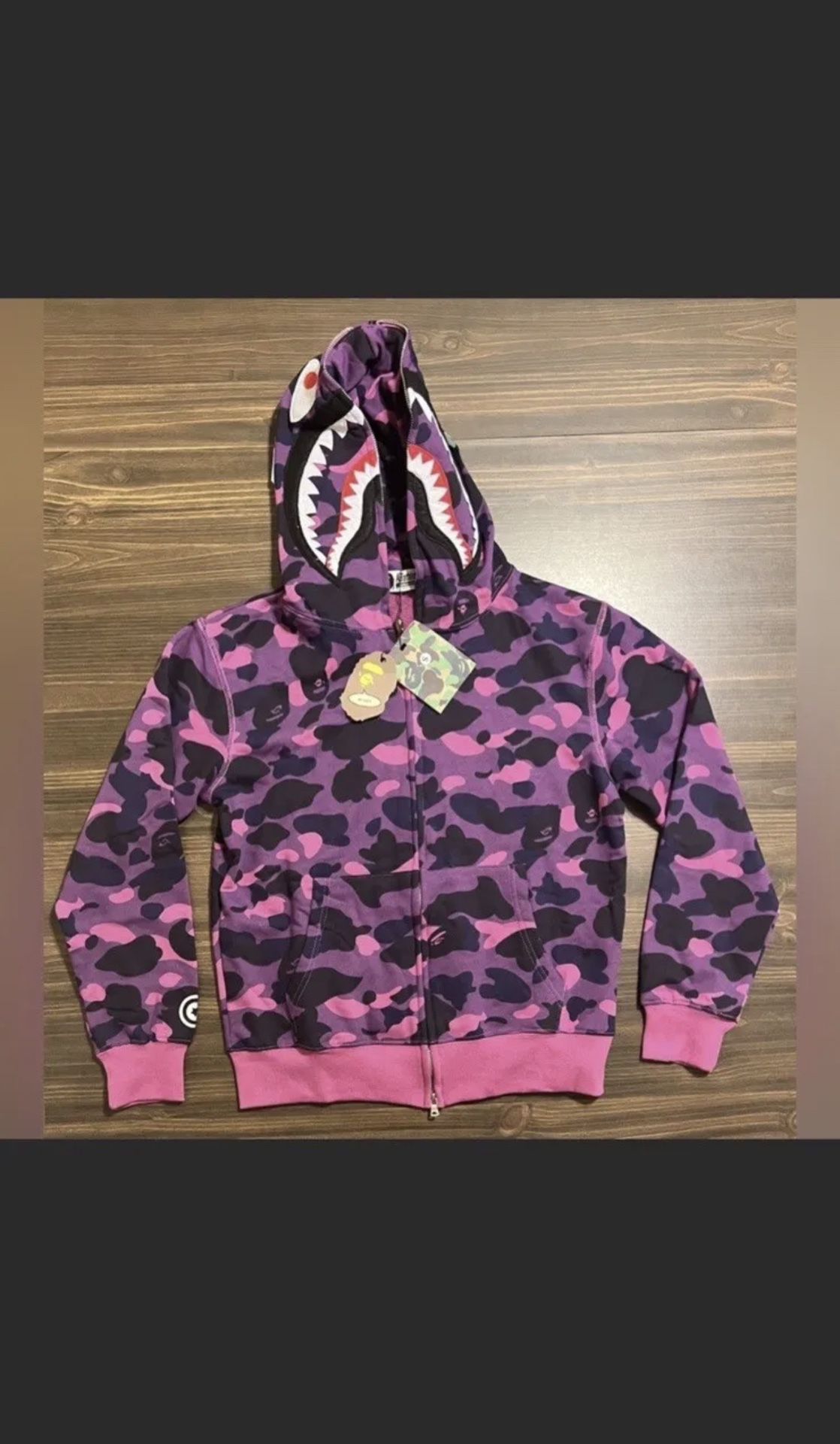 NWT Bape Ape women’s Pink OG Camo Shark Double Zip-Up Hoodie Sweater S
