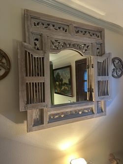 antique white Asian Balinese handcrafted wood window shutter wall mirror.