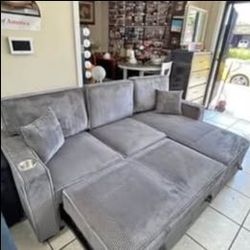 Gray Color Corduriy Convertible Sectional Sofa