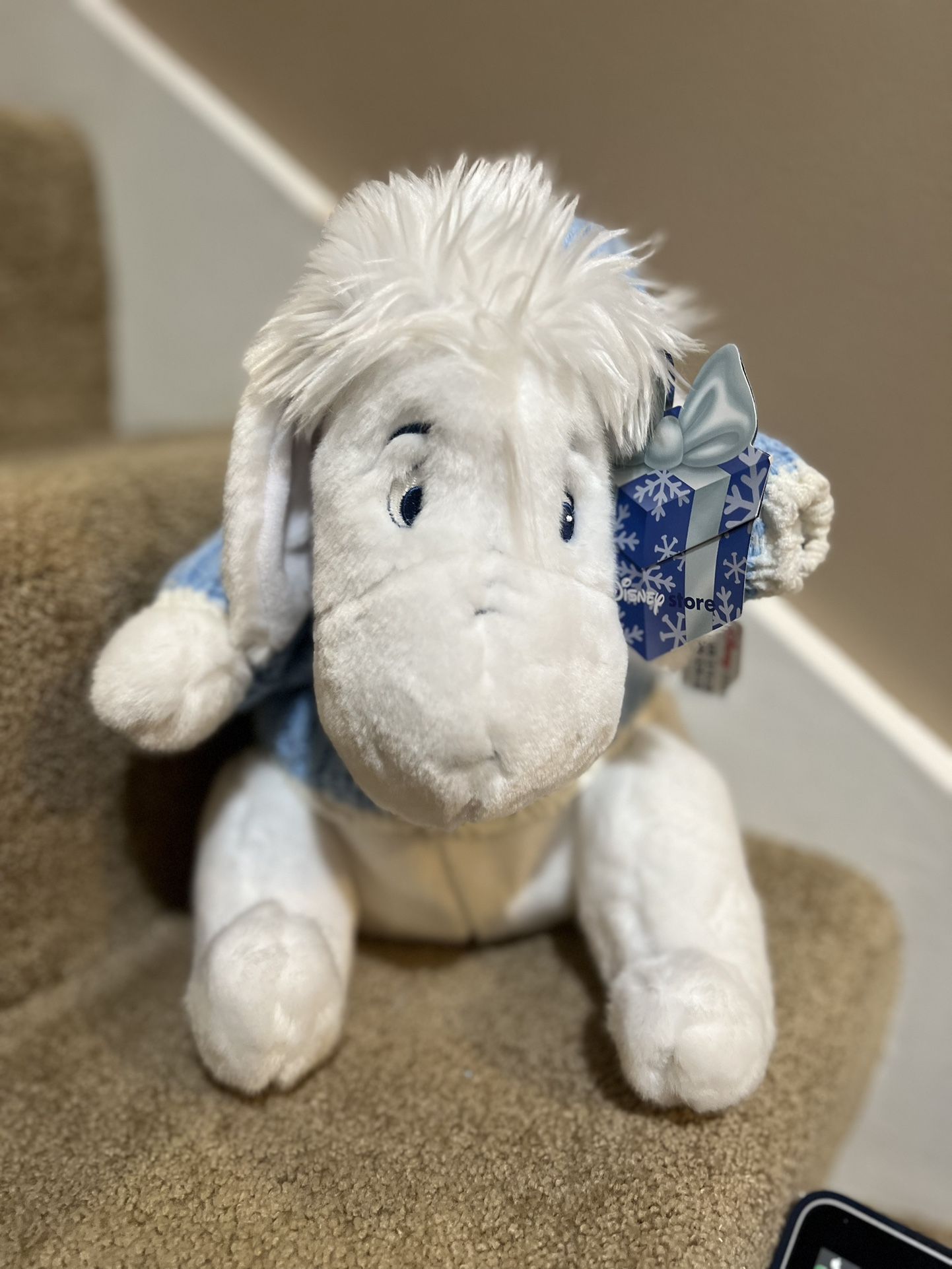 Plush Disney Store White Eeyore Blue Sweater Snowflake 12"