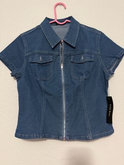 Everly Rowe Denim zip front short sleeve top XL Y2K fitted jeans shirt NWT