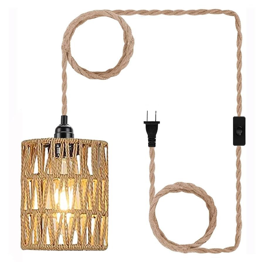 Boho Plug in Pendant Light, Hanging Light with Plug in Cord, Ceiling Lamp Rattan Cylinder Lamp Shade On-Off Switch