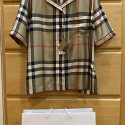 Burberry Tierney Check Silk Camp Shirt.Size 10 US (Women)Brand New With Tags, 100% Silk, Authentic