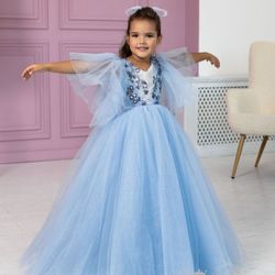 Brand New. Light Blue Puffy Flower Girls Dress. Glittered Tulle. Sleeved