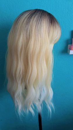 Platinum blonde wig heat resistant synthetic with bangs, hair