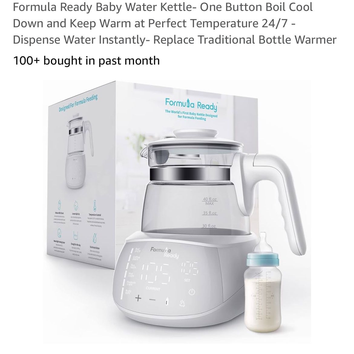 Formula Ready Baby Water Kettle- One Button Boil Cool Down and Keep Warm at Perfect Temperature 24/7 - Dispense Water Instantly- Replace Traditional B