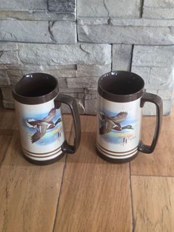 2 Duck Insulated Tumbler Mugs. One Mug Has A Chip