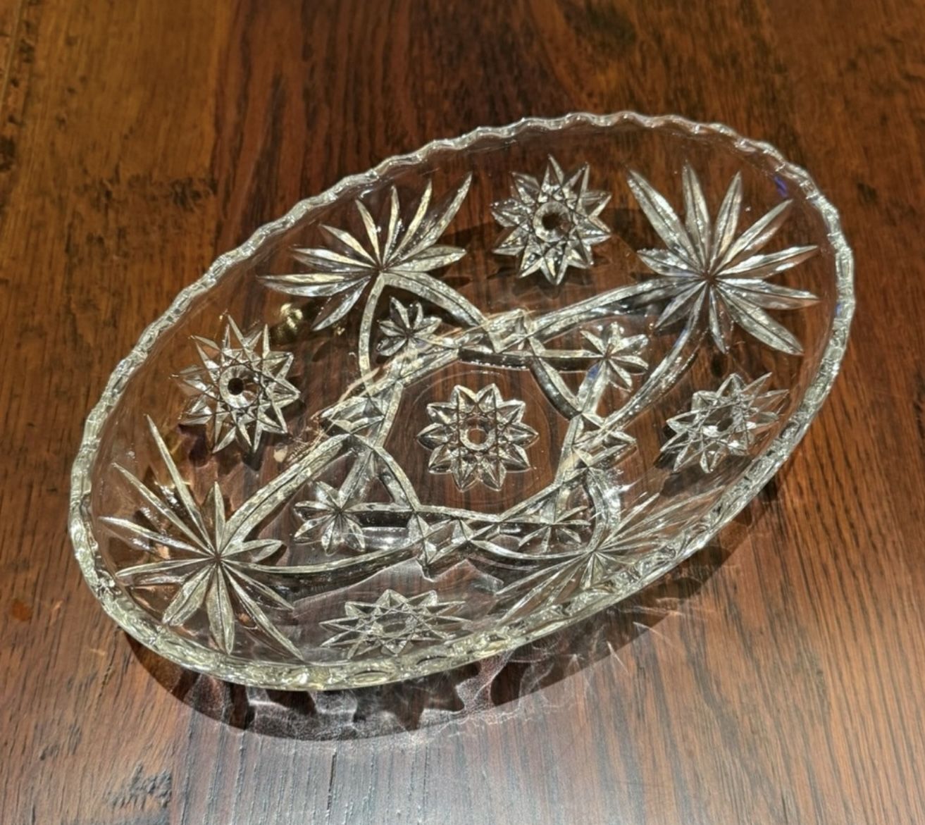 Vintage Anchor Hocking Prescut Glass Star of David Oval Serving Dish Bowl 8”