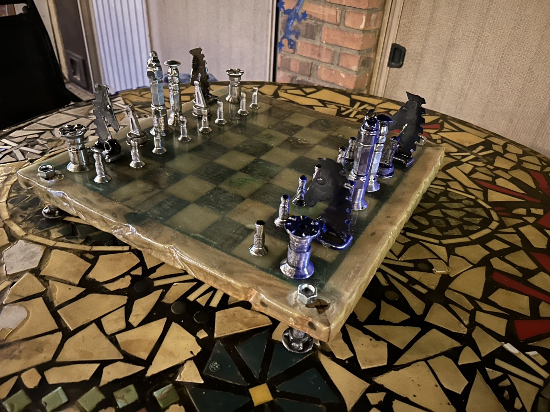 Metal Art - Nut & Bolt Chess Set With Oak and Epoxy Board Art By JAWS