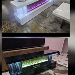 NEW LUXURY FIREPLACE AND TV STAND MIRRORED BLACK AND WHITE AVAILABLE FIT TV 100" NEON LIGHTS CONTROL,BLUETOOTH, SPEAKERS, SIMULATOR FIRE,HEATER, 71"16