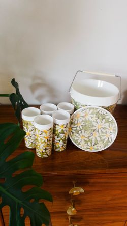 1970s “daisy” ice bucket and five insulated tumblers