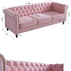 Ingrid Modern 84.65 in. Rolled Arm Velvet Upholstery Rectangle Sofa in Pink with Tufted Back, 2 Pillows, Gold Strip Trim