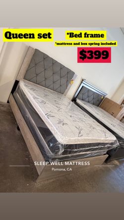 Queen size bed frame with pillow top mattress included