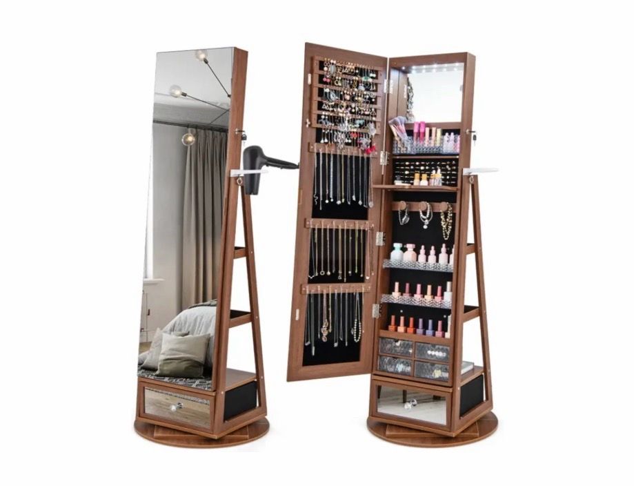 Lockable 360° Swivel Jewelry Cabinet with Full-Length Mirror LED Lights