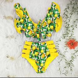 SET lemon Yellow Green lady womens swimsuit swim wear Bikini M gift


