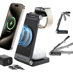 Magnetic Wireless Mag-Safe Charging Station, 3 in 1 Fast Max Charging for iPhone 16 15 14 13 12 Pro Max Plus, Apple Watch, Air Pods Pro - Space-Saving