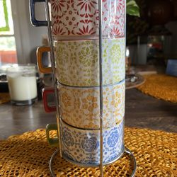 Pier 1 Hand Painted Stoneware 4 Mug Set With Stand