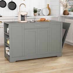 53" Kitchen Island with Storage, Kitchen Cart W/Tilt Out Trash Can Holder & Solid Wood Top, Breakfast Bar W/3-Layer Side Shelf, Large Stora