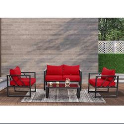 New Assembled 4-Piece Aluminum Patio Conversation Set with Red Cushions