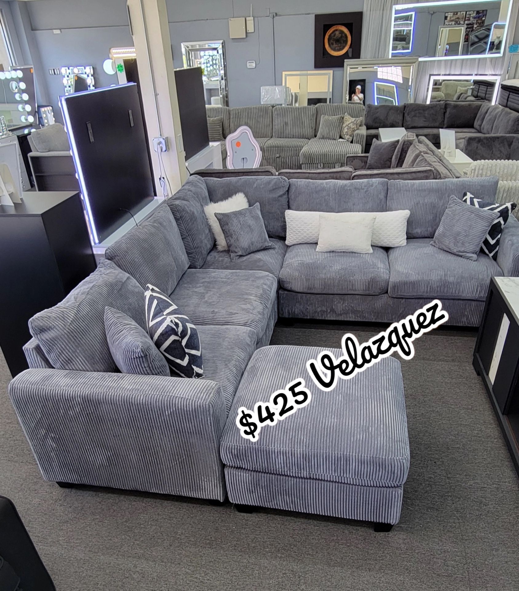 ✅️✅️ 4pc dark Grey corduroy fabric sectional sofa with rounded arms and ottoman ✅️✅️
