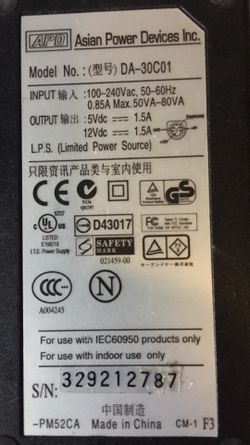 DA-30C01 AC Adapter 12V 1.5A 5V 1.5A Power Supply