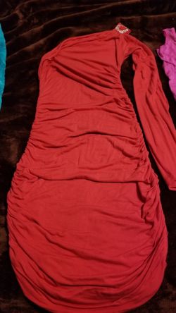 Red 1-shoulder 'Party/Holiday' Dress. Scrunch sides/waist. Size Small/Medium. (Fits 110-150 lb.)