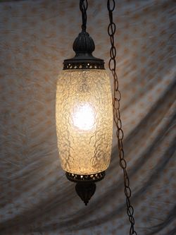 Vintage Hollywood Regency Swag Pendant Lamp Textured Glass Bronze Tone 22”