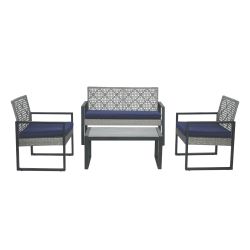 4-Piece Patio Furniture Set Outdoor Balcony Porch Garden Backyard Lawn Furniture Gray Acacia Wood Table Top, Blue Cushion and Light Gray rattan